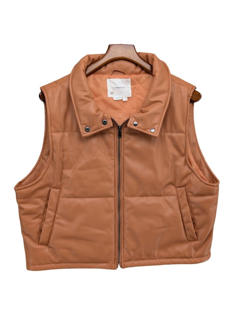 Anthropologie Faux Leather Puffer Vest Womens Orange Full Zip Pockets Size L